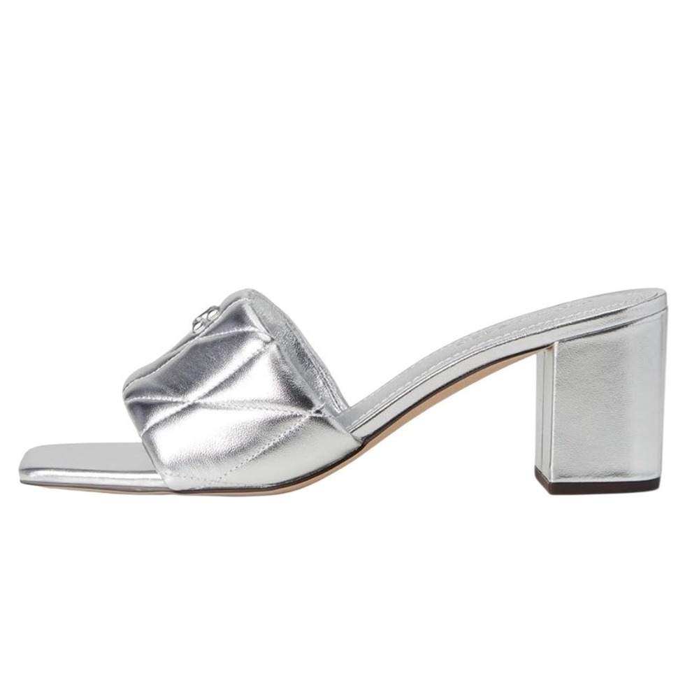 Coach Holly Quilted Metallic Leather 2.5" Block Heel Sandal Mule Sz 7 Silver New - Picture 2 of 9